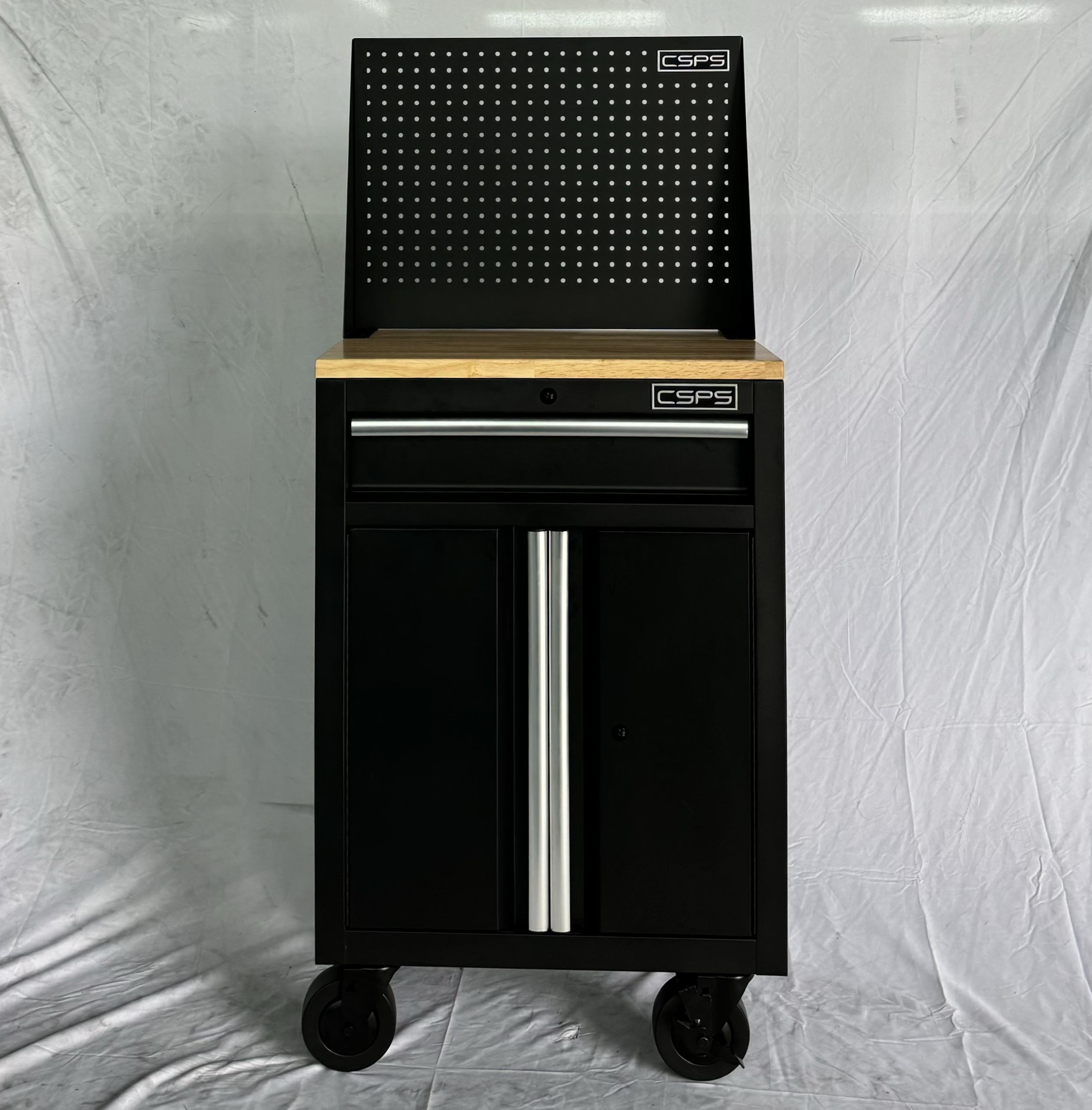 Tủ dụng cụ CSPS 61cm - 01 hộc kéo màu đen bánh xe ván gỗ vách lưới (tay cầm trắng)