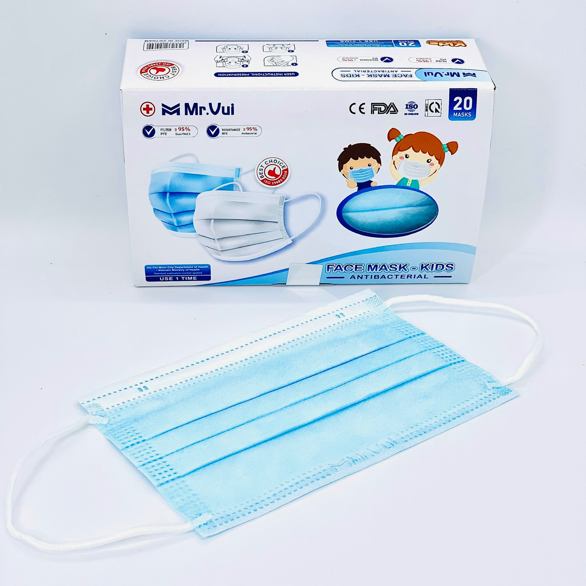 KHẨU TRANG Y TẾ 4 LỚP CHO TRẺ EM Mr.VUI - VẢI KHÔNG DỆT KHÁNG KHUẨN – HỘP 20 CÁI – XANH