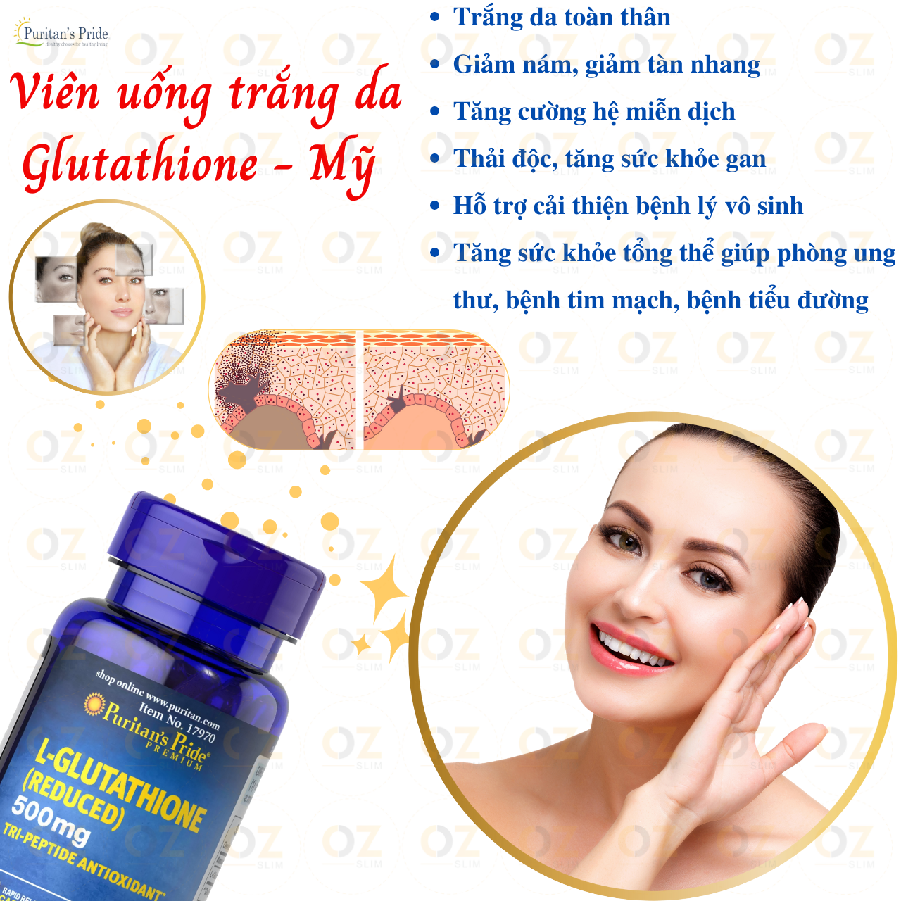 Trắng da Glutathione Puritan’s Pride Premium L-Glutathione 500mg - Mỹ Hỗ trợ trắng da, Giảm nám, tàn nhang, Thải , tăng sức đề kháng - OZ Slim Store