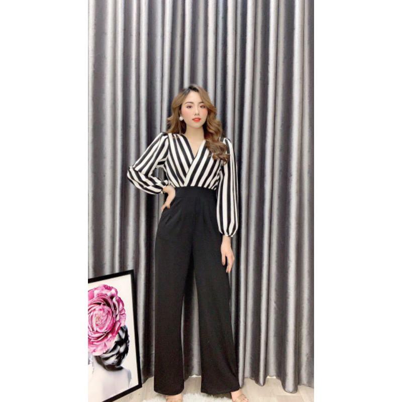 Jumpsuit thiết kế phối sọc tay bồng