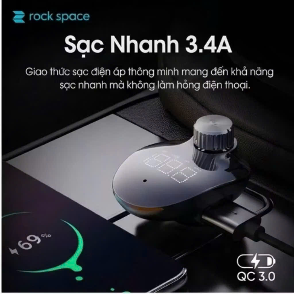 Tẩu sạc trên xe hơi kiêm đầu thu, phát FM Rockspace B302 kết nối bluetooth hàng chính hãng BH 1 năm
