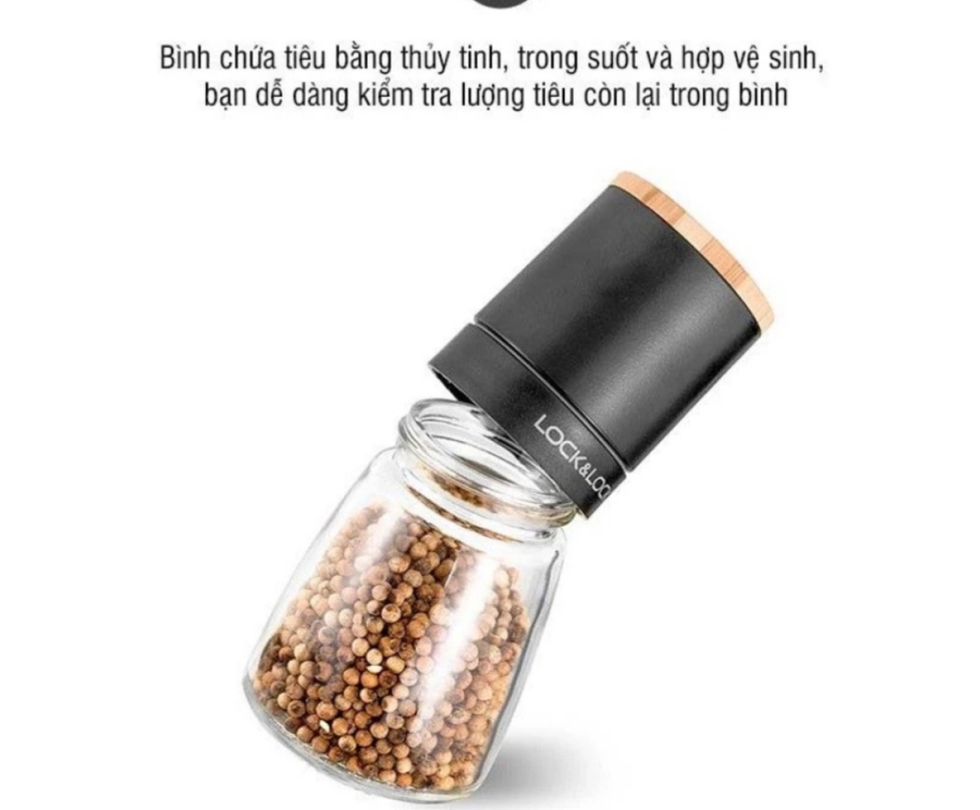 Cối xay tiêu thủy tinh Lock&Lock 140ml lưỡi sứ nắp gỗ sồi tiện dụng CKO115