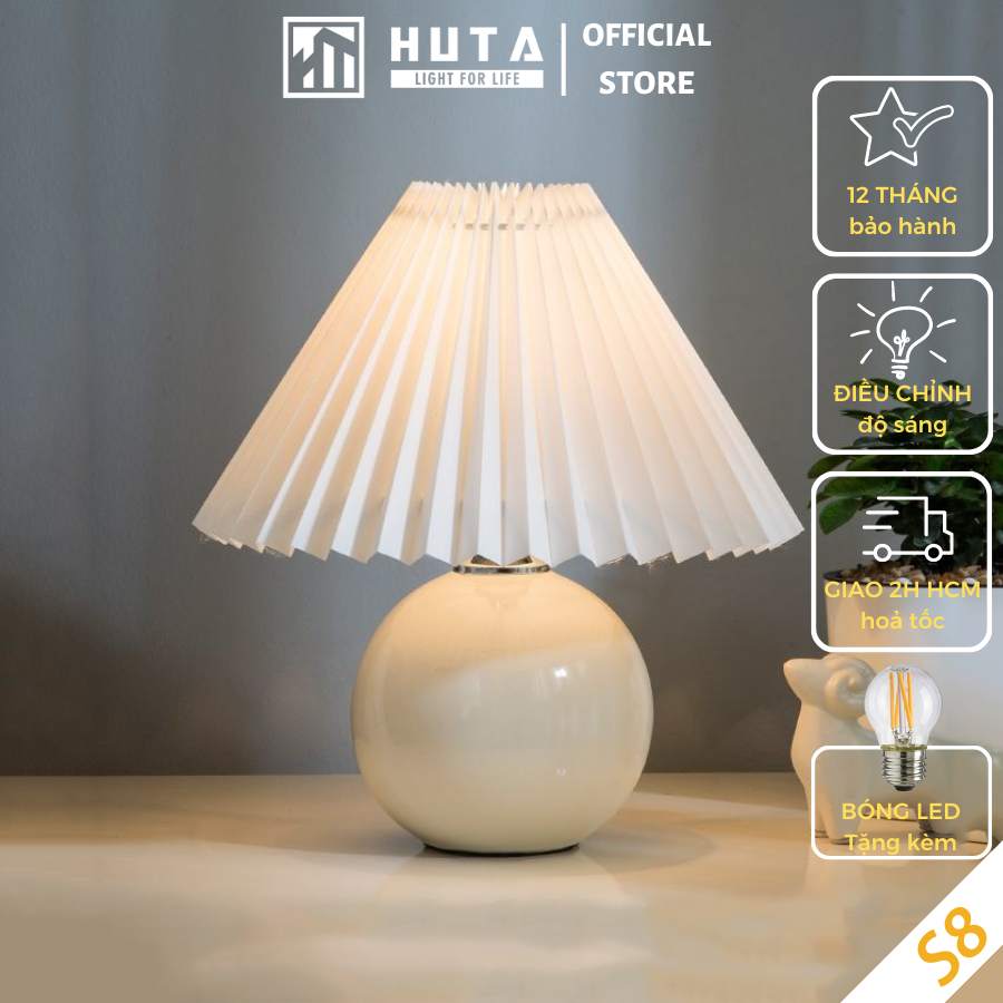 Đèn Ngủ Để Bàn Gốm Sứ Cao Cấp HUTA S8 Chao Xếp Ly Vintage Dễ Thương Decor Trang Trí Phòng Ngủ, Đọc Sách Đầu Giường, Điều chỉnh độ sáng, Đèn Vàng Bóng LED Tiết Kiệm Điện