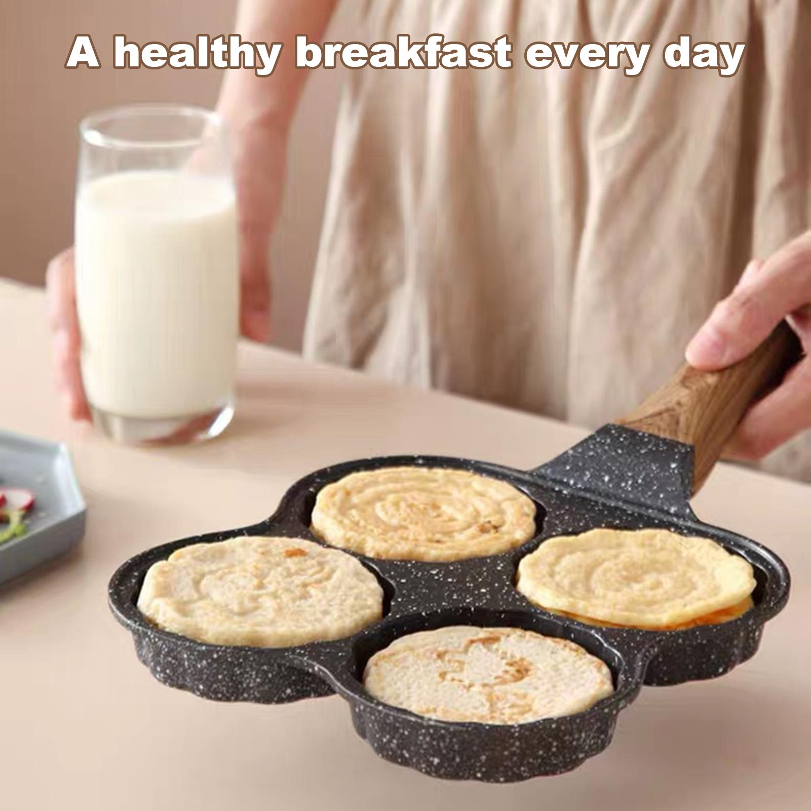 Chảo Chiên Rán Trứng Làm Bánh 4 Ngăn 4 Lỗ Chống Dính, phủ đá Maifan Tay Cầm Gỗ