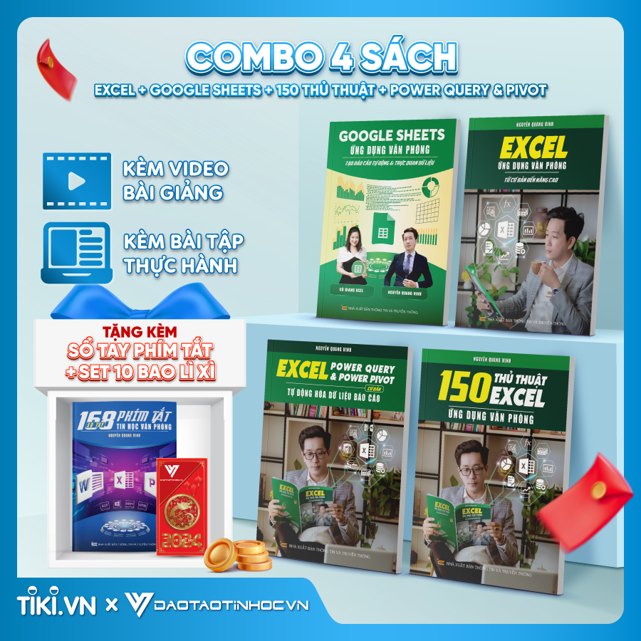 Combo 4 Sách Excel - Google Sheet - 150 TT - Power Query ĐÀO TẠO TIN HỌC Ứng Dụng Văn Phòng Kèm Video Khóa Học