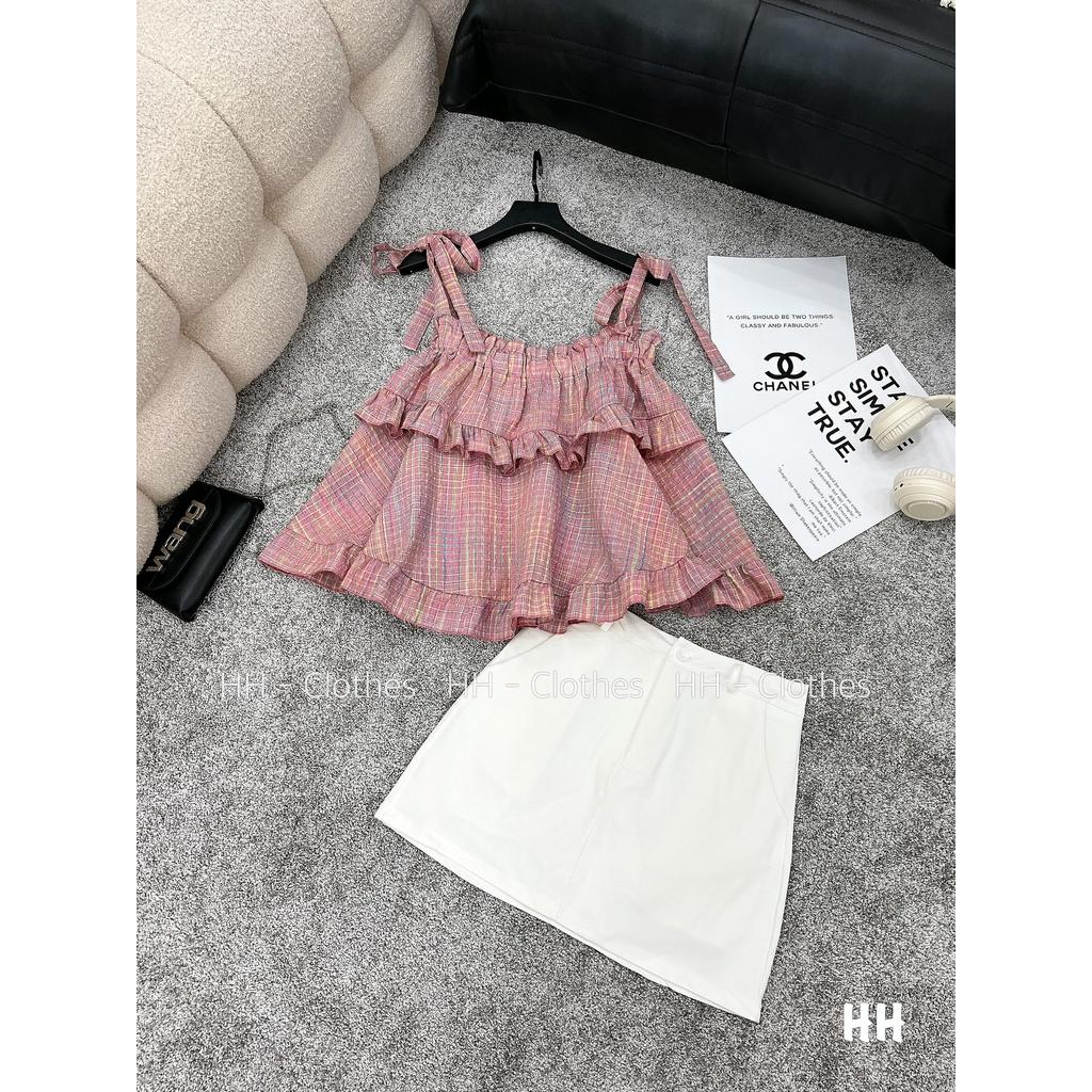 SET BỘ ĐI CHƠI, SET 2 MÓN ÁO 2S KẺ HỒNG PHỐI CHÂN VÁY NGẮN CỰC XINH XỈU