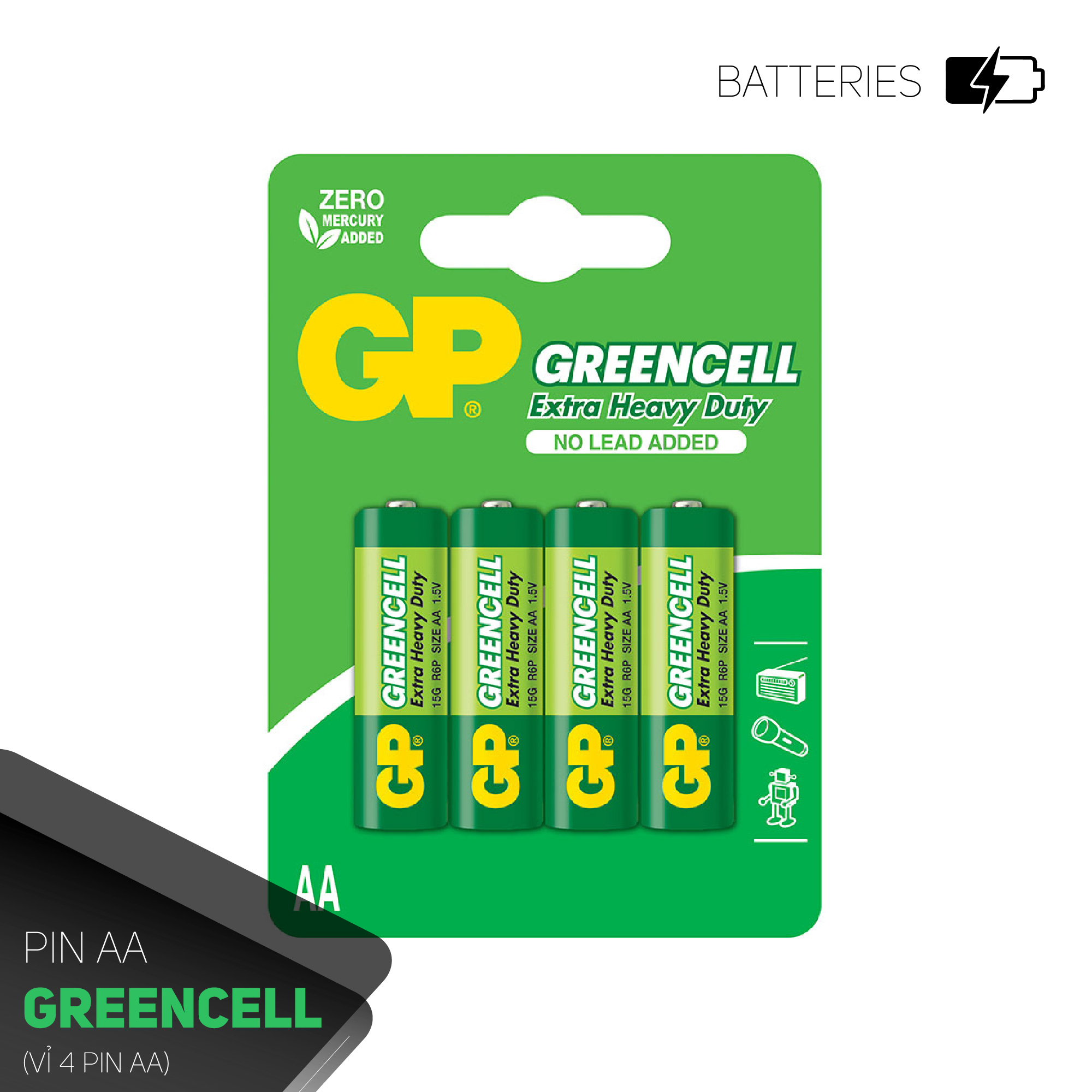 Pin tiểu GP Greencell AA 1.5V (2 viên),Pin AA GP,Pin chuột máy tính,Pin điều khiển quạt,Pin điều khiển tivi,Pin sử dụng cho các thiết bị nhỏ,Pin đồng hồ treo tường,Pin đồ chơi điện tử trẻ em