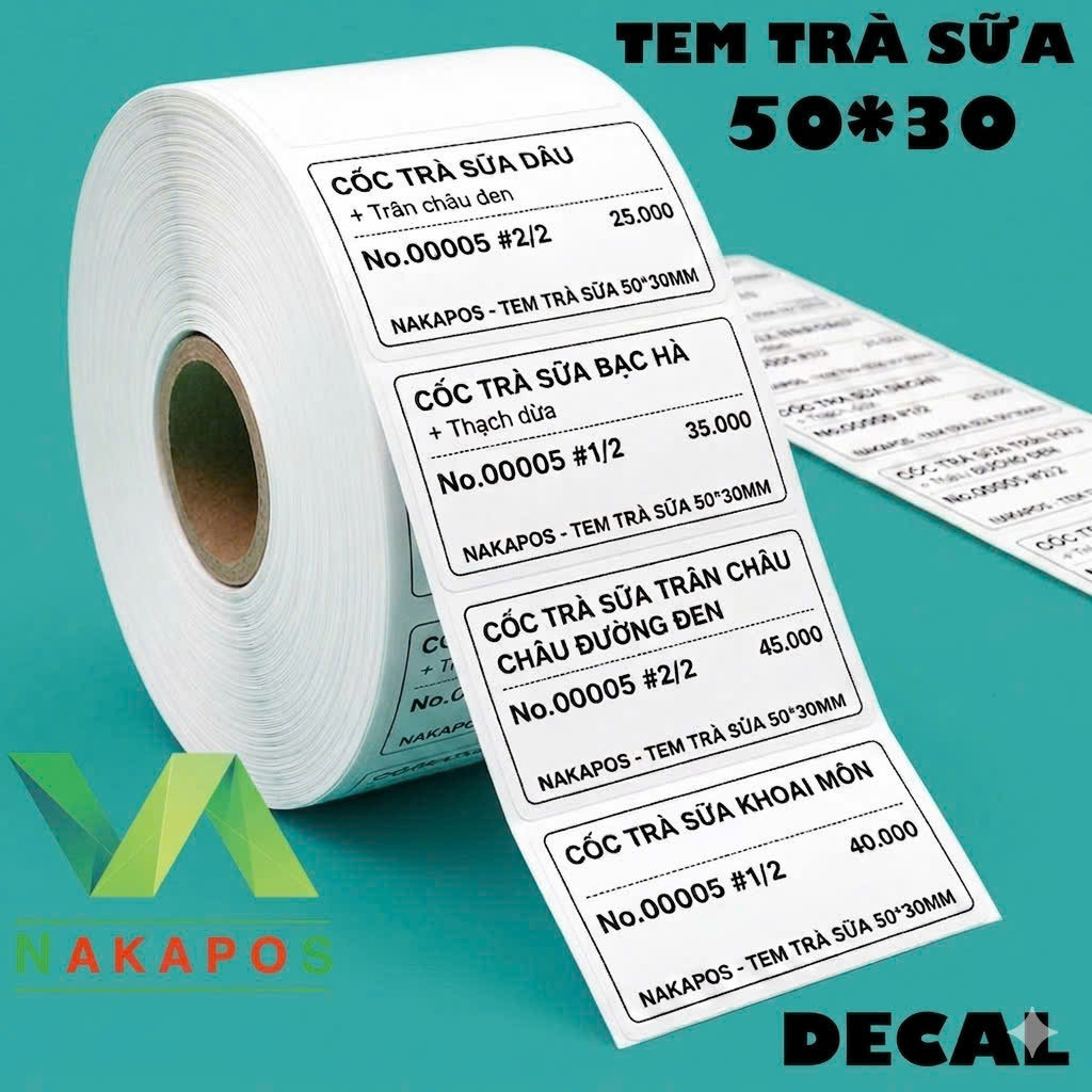 Giấy Decal nhiệt 50x30 mm x 30m, Decal Trà sữa 50x30 mm x 30m, Giấy in mã vạch tem nhãn, tem phụ 50x30 mm x 50m