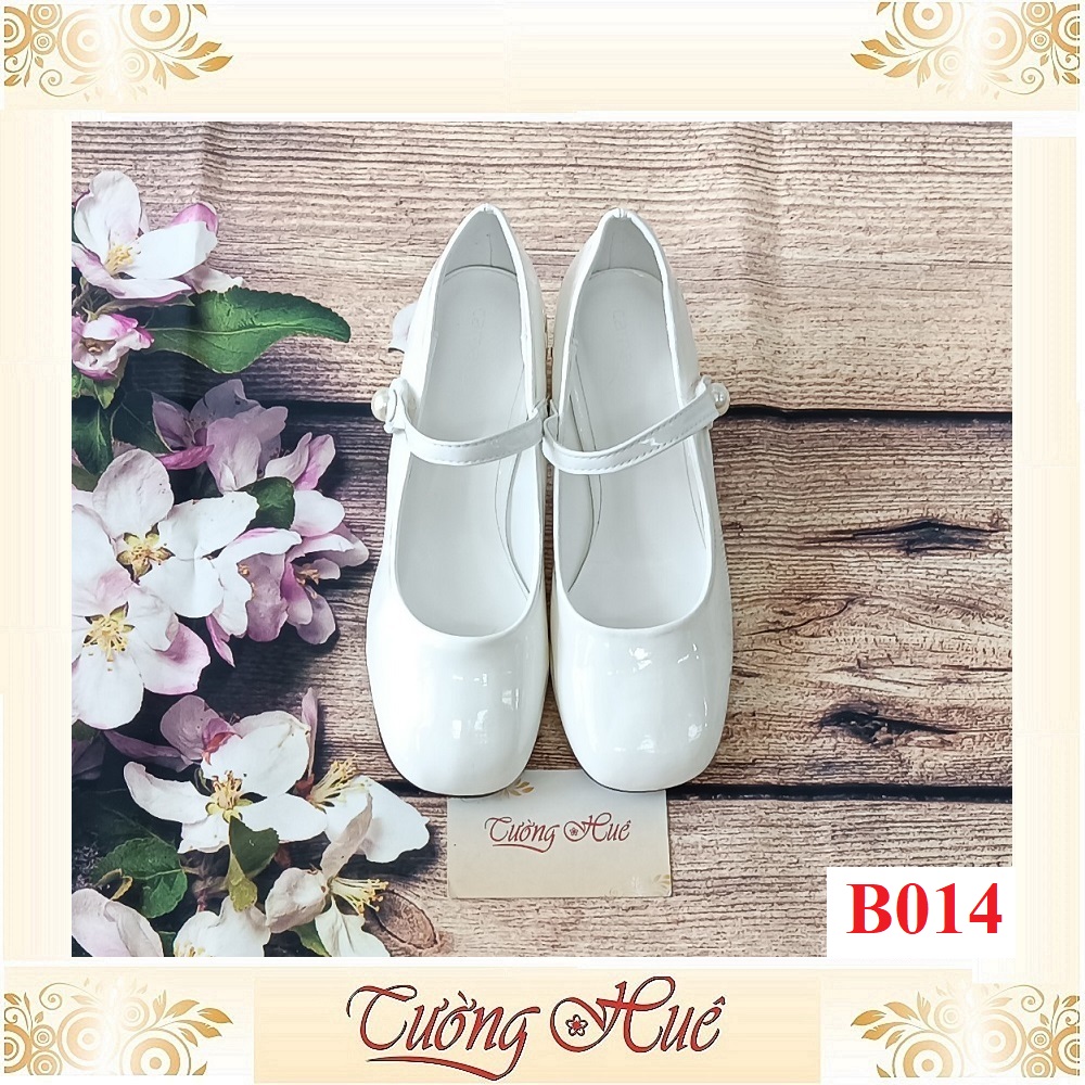 Giày Búp Bê Da Bóng Mũi Vuông Quai Ngang Đính Ngọc Trai Gót Cao 6CM