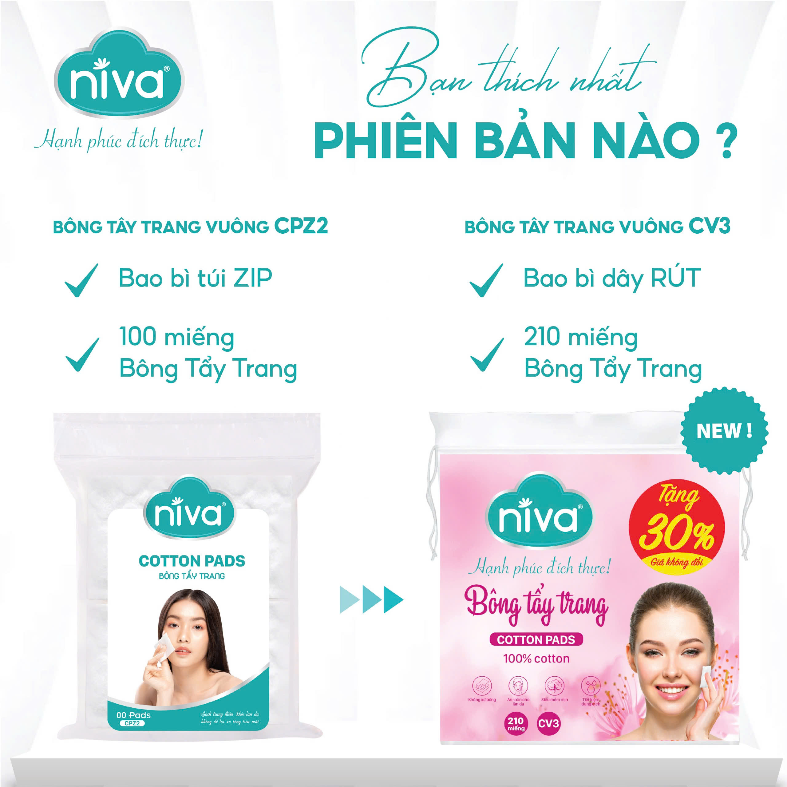 Bông Tẩy Trang Vuông NIVA  Túi 210 Miếng Cotton Pads Cao Cấp CV3 Bản Cải Tiến Bông Thiên Nhiên Thuần Khiết