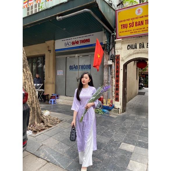 Áo dài Gấm Trà hoa - Màu Tím Pastel