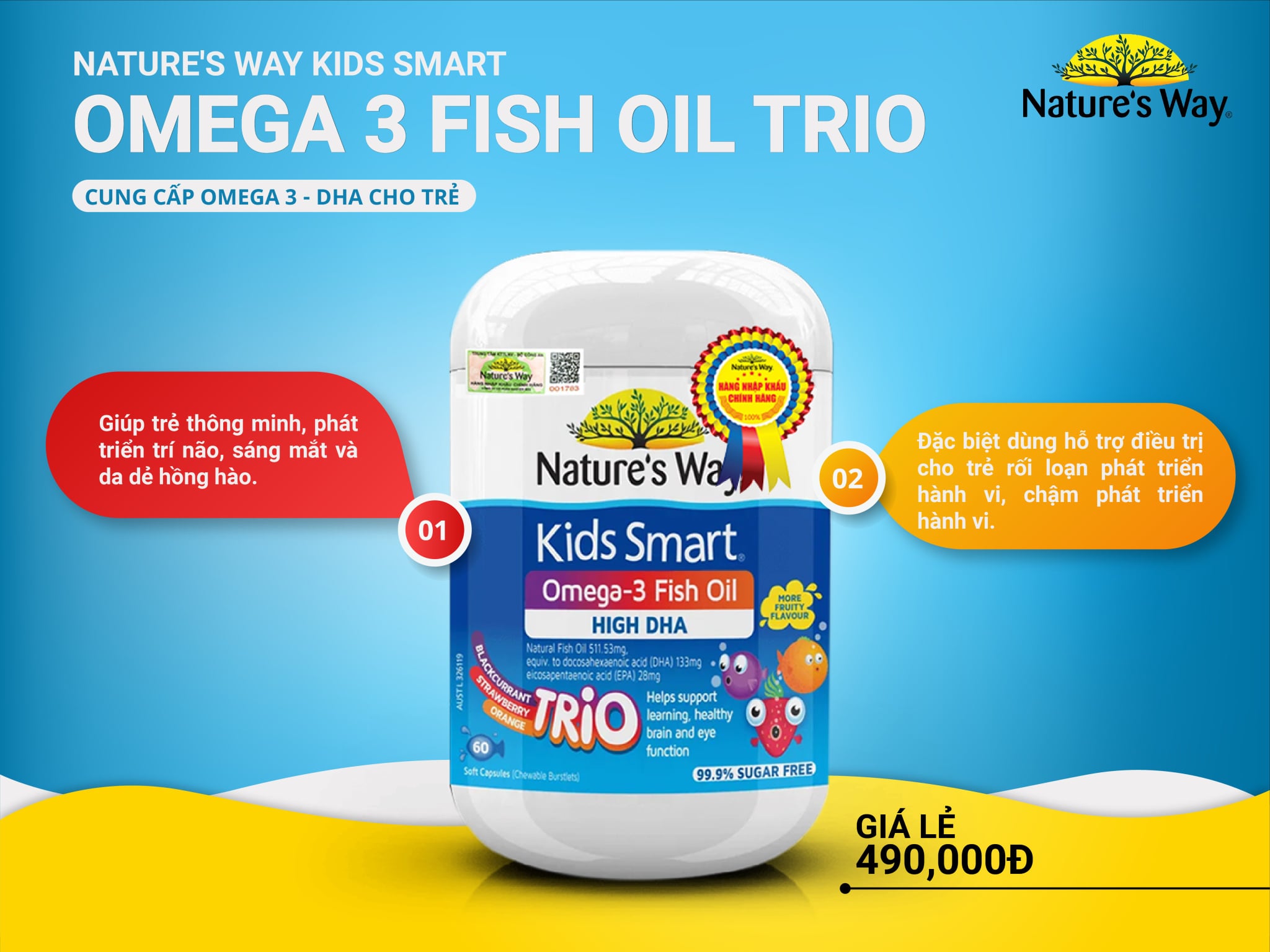 Viên Uống Dầu Cá Nature's Way Omega-3 Fish Oil Trio Giúp Bổ Sung DHA Phát Triển Trí Tuệ Cho Bé 60 Viên