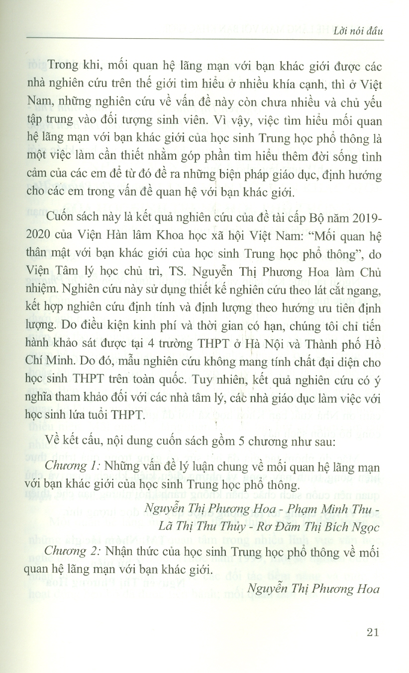 Mối Quan Hệ Lãng Mạn Với Bạn Khác Giới Của Học Sinh Trung Học Phổ Thông (Sách chuyên khảo) - Viện Tâm Lý Học - Nguyễn Thị Phương Hoa (Chủ biên)