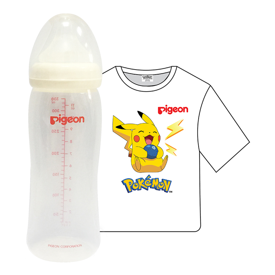 Combo Pigeon: Bình Sữa PP Plus 330ml (L)_26206 + Áo Thun Pokemon - Trắng (Size Lớn)