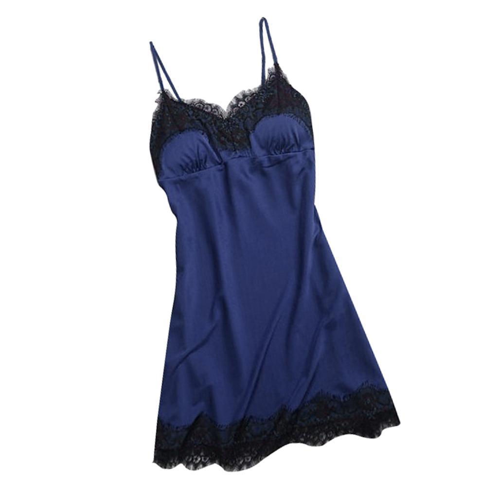 2x Ladies V-Neck Pajama Sleeveless Black Lace Trim Lingerie Sleepwear Dress