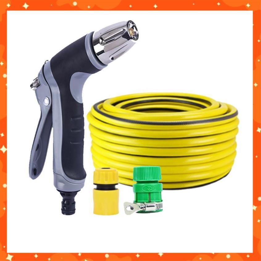 Bộ dây vòi xịt nước rửa xe, tưới cây tăng áp 3 lần cút nhựa nối nhựa vàng loại 20m 206817
