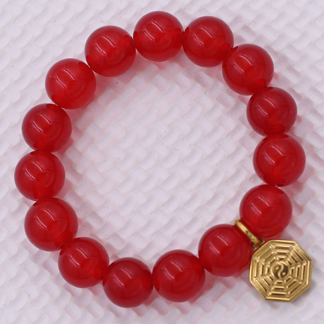 Vòng chuỗi đeo tay đá thạch anh đỏ charm bát quái inox vàng, vòng tay hạt chuỗi, vòng chuỗi phong thủy, vòng tay nam nữ