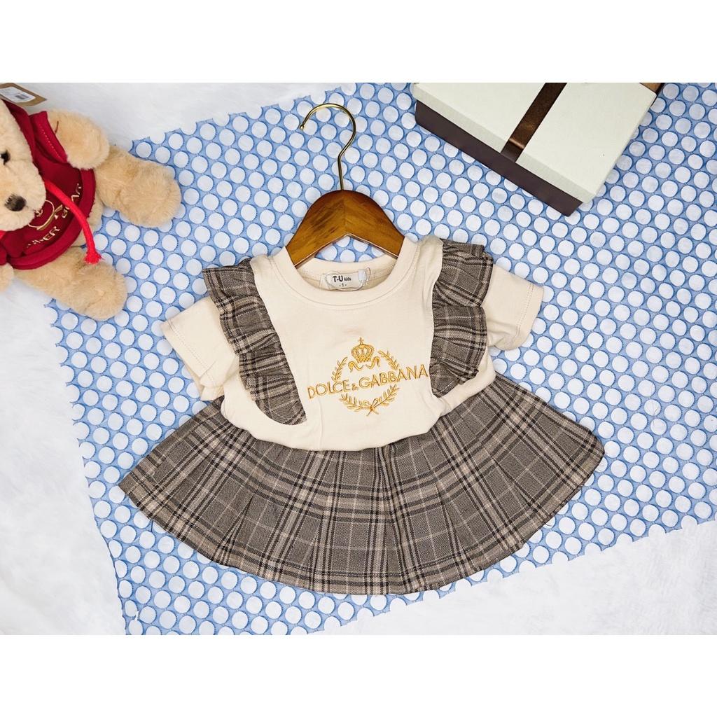 Bộ áo cotton, chân vá xòe bé gái