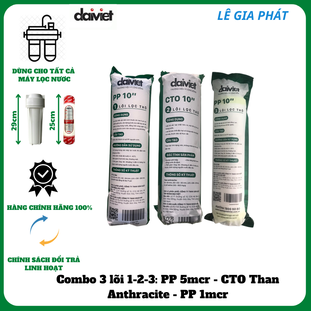 COMBO 3 LÕI LỌC NƯỚC SỐ 1-2-3 - HÀNG CHÍNH HÃNG ĐẠI VIỆT