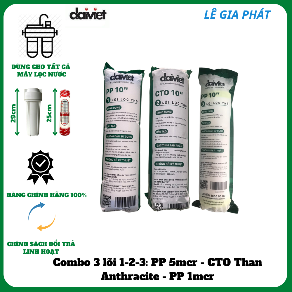 COMBO 3 LÕI LỌC NƯỚC SỐ 1-2-3 (PP - CTO - PP) - HÀNG CHÍNH HÃNG ĐẠI VIỆT