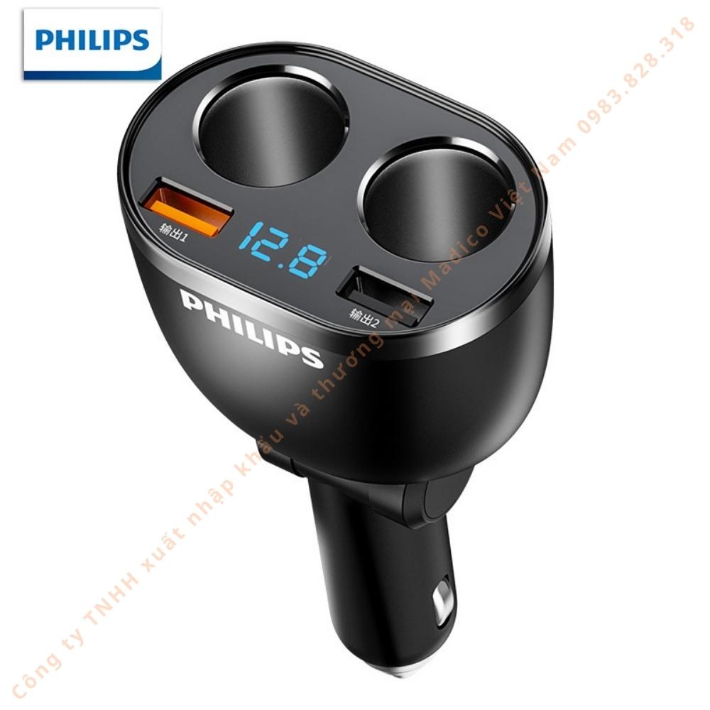 Bộ chia tẩu sạc Philips trên ô tô tích hợp 2 cổng kết nối USB có sạc nhanh DLP4007 - Hàng nhập khẩu