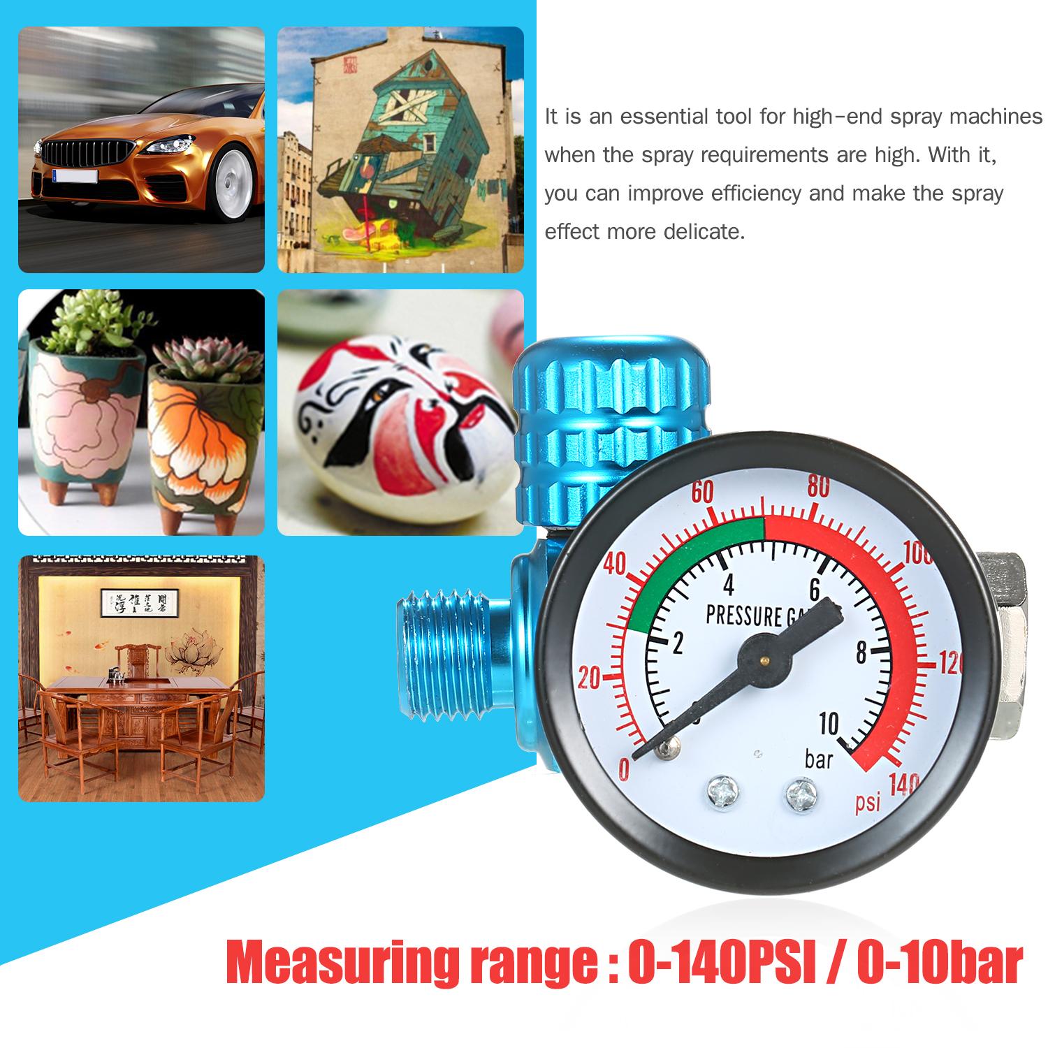 1/4 Inch 140PSI Mini Air Regulator Auto Pressure Regulator Valve Tool Tail Pressure Gauge with Nozzle For Spray Tool
