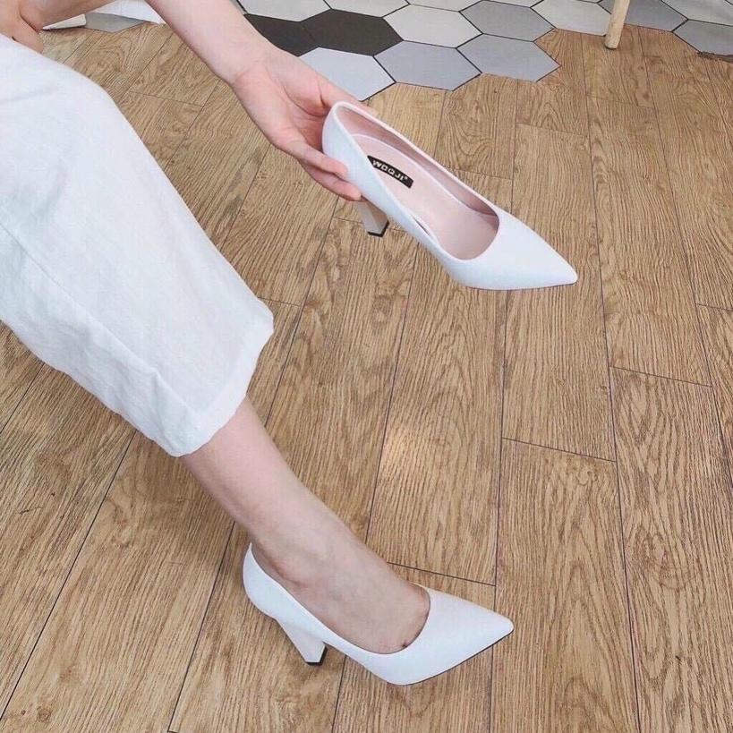 Giày cao gót da mịn trơn gót trụ nhỏ mới - 9P