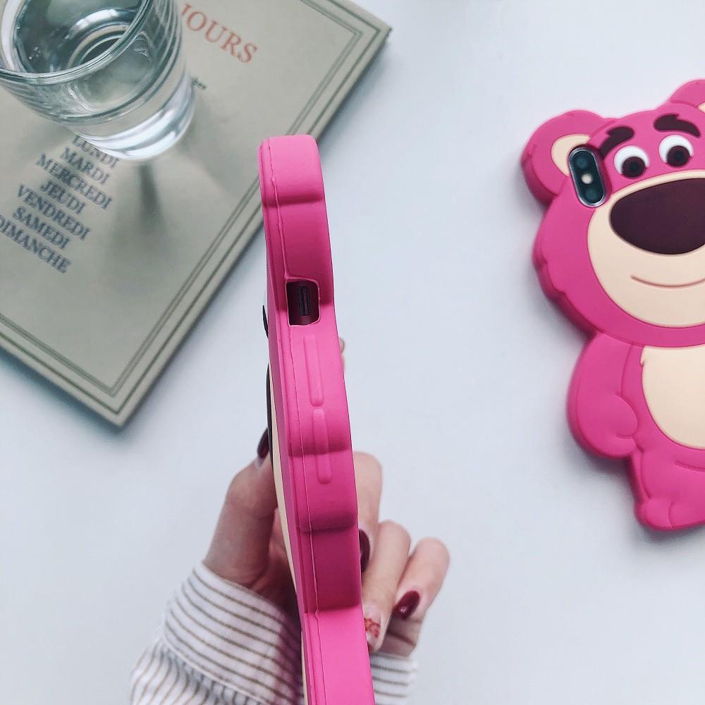Ốp điện thoại bảo vệ hình chú gấu màu dâu tây 3D dễ thương dành cho iPhone 6 6s 7 8 Plus X Xs Max Xr 11 Pro Max