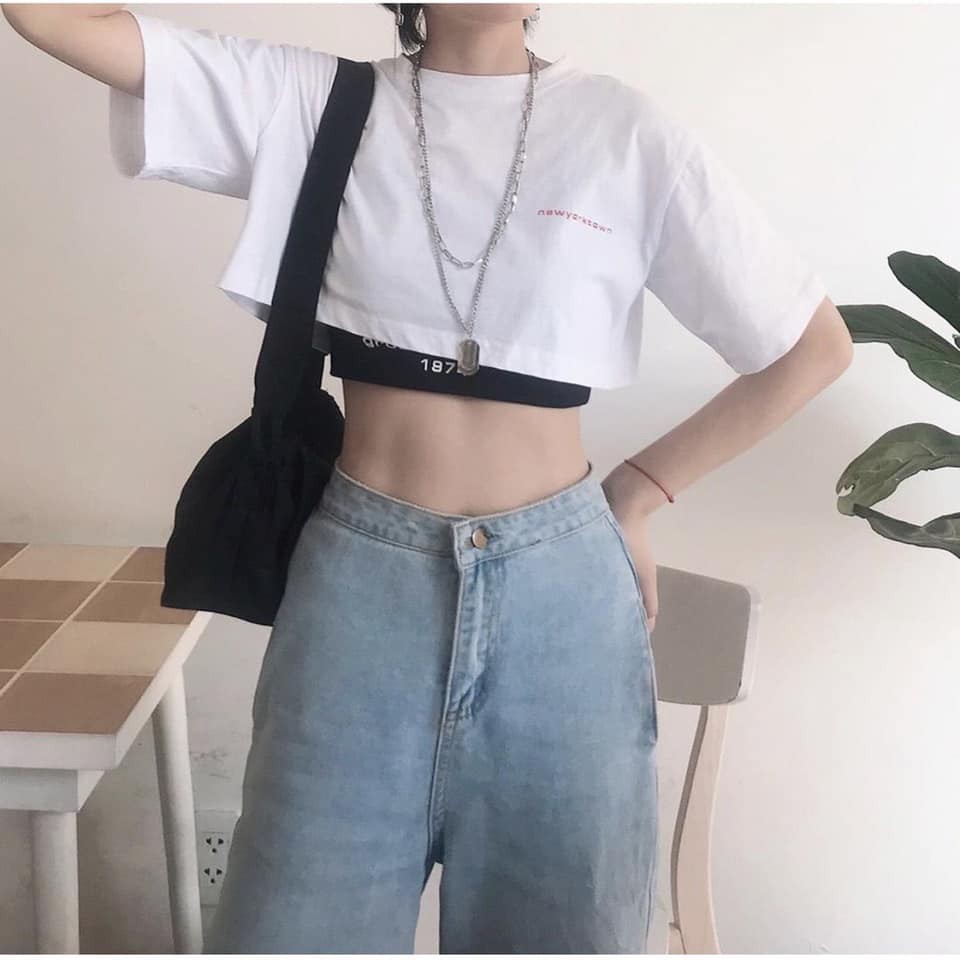 Bộ Áo Croptop Nữ 1974 Áo Ngắn Tay Lỡ Kèm Bra 2 Màu X001