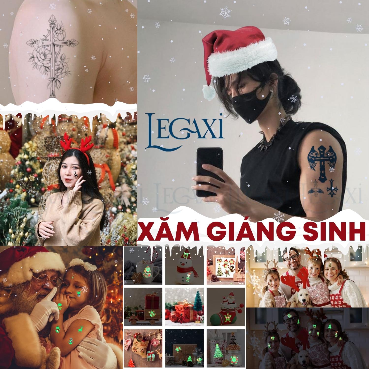 Xăm giả hình dán trang trí giáng sinh noel tuyết ông già nô en tuần lộc phát sáng dạ quang cây thông mistletoe cây thập tự Legaxi