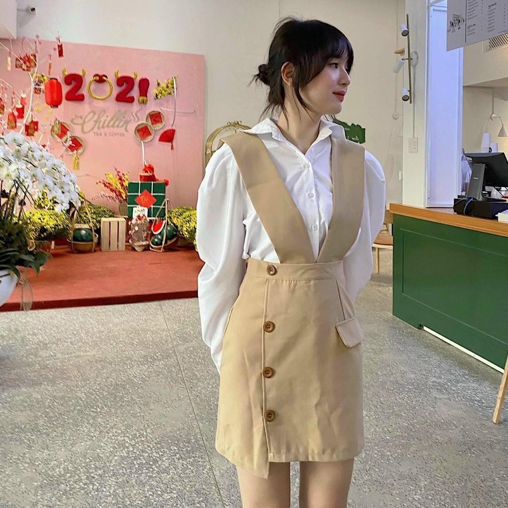 Sét Yếm Nude Kèm Sơmi Trắng Yếm Ngắn Dáng Chữ A Sơmi Tay Dài