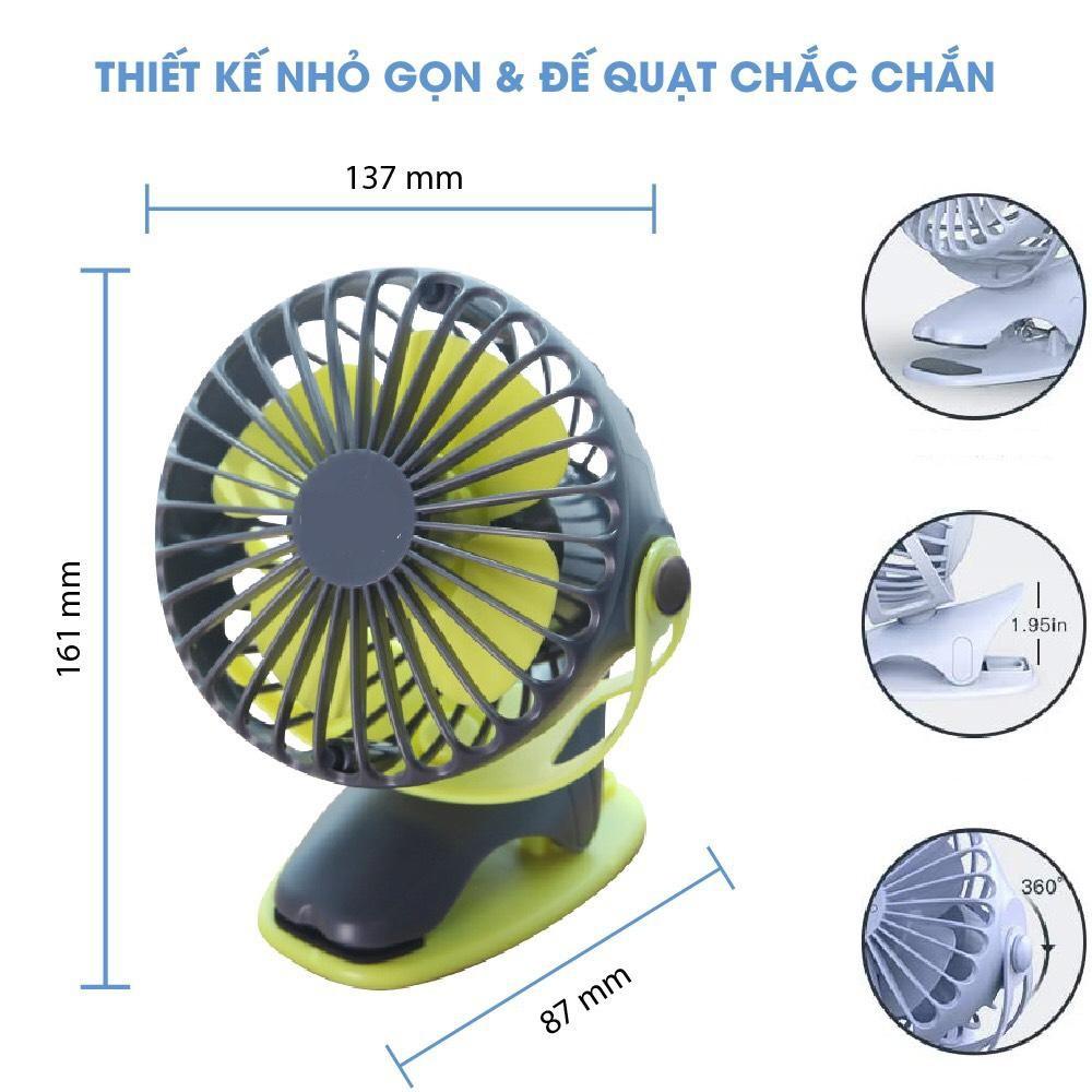 Quạt sạc mini xoay góc 720 độ, quạt đến 20 tiếng, đế kẹp đa năng hoặc đặt bàn