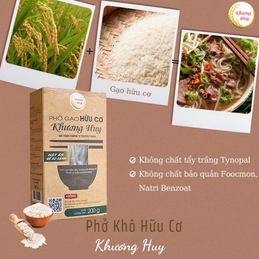 Phở Khô Hữu Cơ Khương Huy/ Phở Gạo Hữu Cơ Khương Huy  - Chỉ 3 Phút Nấu Không Cần Ngâm  - Bún Khô Khương Huy Gói 200g