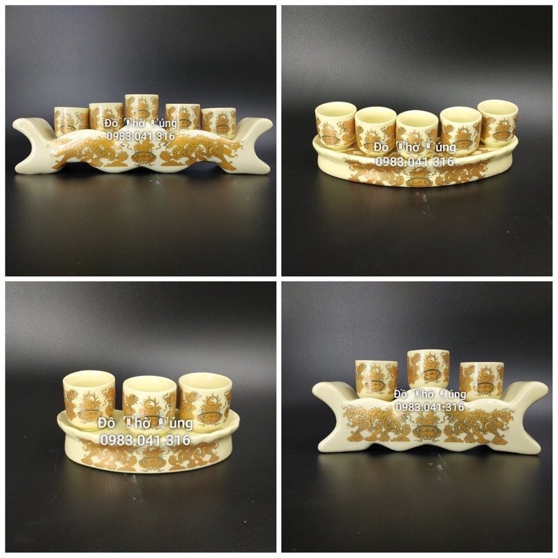 BỘ CÚNG NƯỚC THỜ BẰNG SỨ HỌA TIẾT  VẼ RỒNG VÀNG MẶT NGUYỆT  KH18112