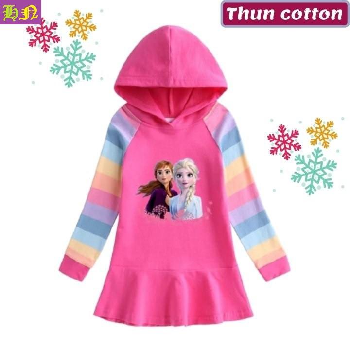 Đầm bé gái Elsa tay dài từ 10-42kg- đầm xòe có nón thun cotton thấm hút mồ hôi - Hương Nhiên