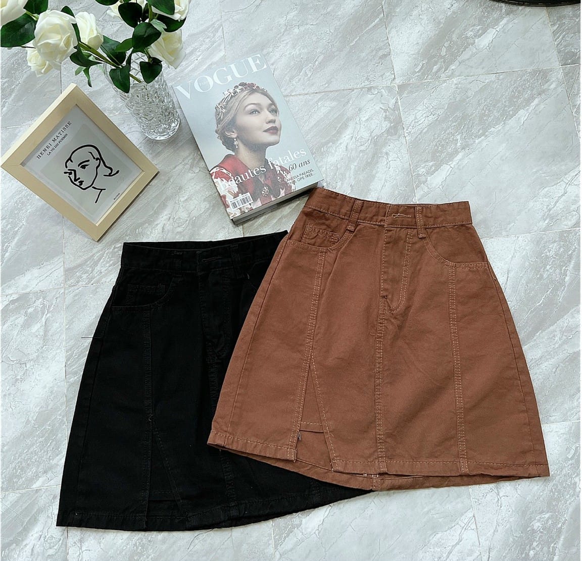 Chân váy chữ A lưng cao chất liệu kaki phong cách hàn quốc