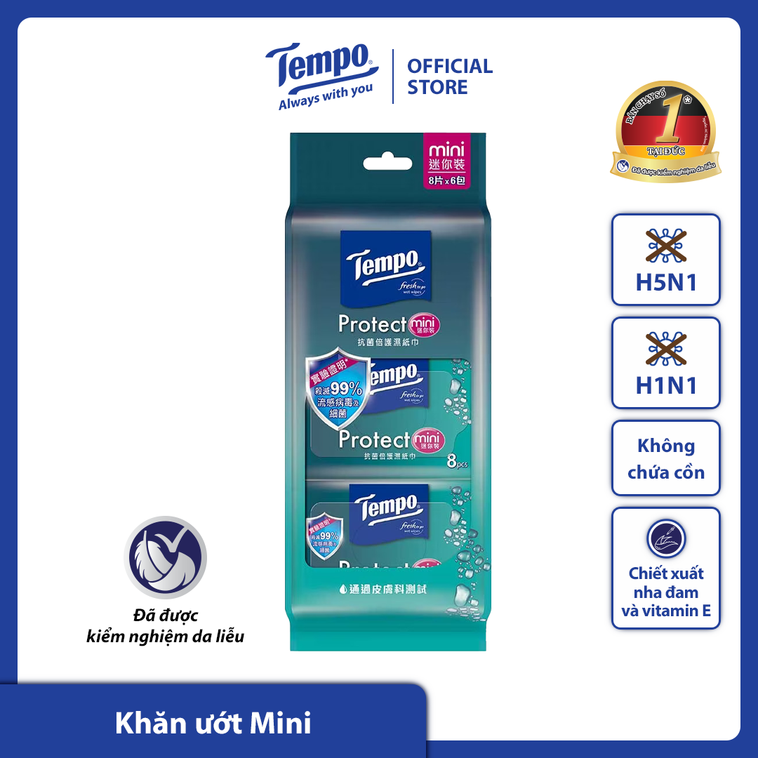 Khăn giấy ướt Mini Tempo Protect Ngăn Ngừa Vi Khuẩn cao cấp - Diệt khuẩn 99% - Thương hiệu Đức