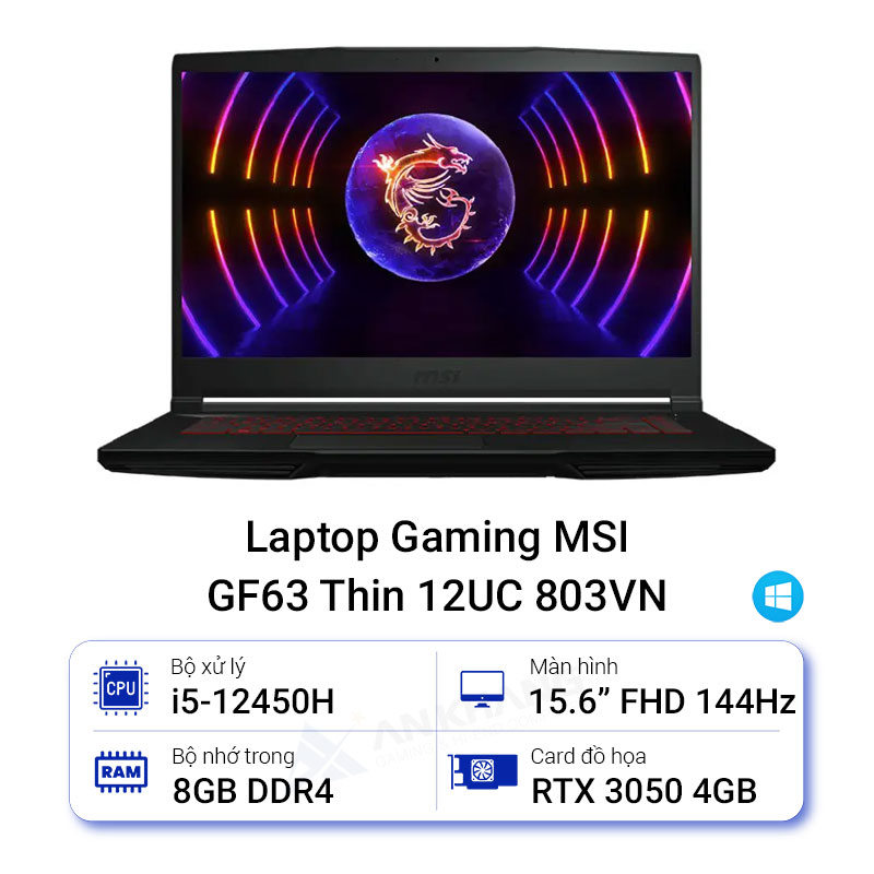 LAPTOP MSI THIN GF63 12UC-803VN (I5-12450H/RAM 8GB DDR4/SSD 512GB PCLE/VGA RTX 3050 4GB/15.6 FHD IPS &amp; 144HZ/WIN11) - HÀNG CHÍNH HÃNG