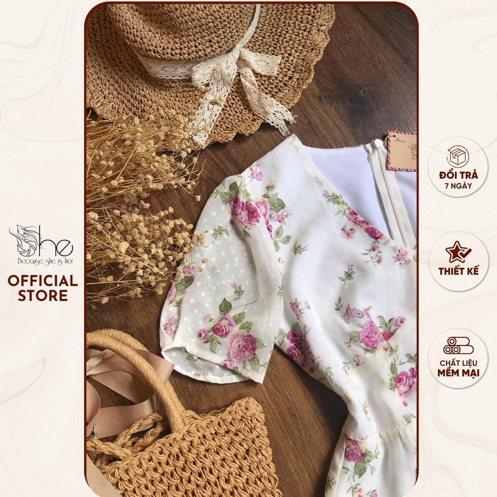 Váy nữ hoa voan đẹp She, đầm váy cổ tim 3 nút dáng A thời trang nữ SDX116