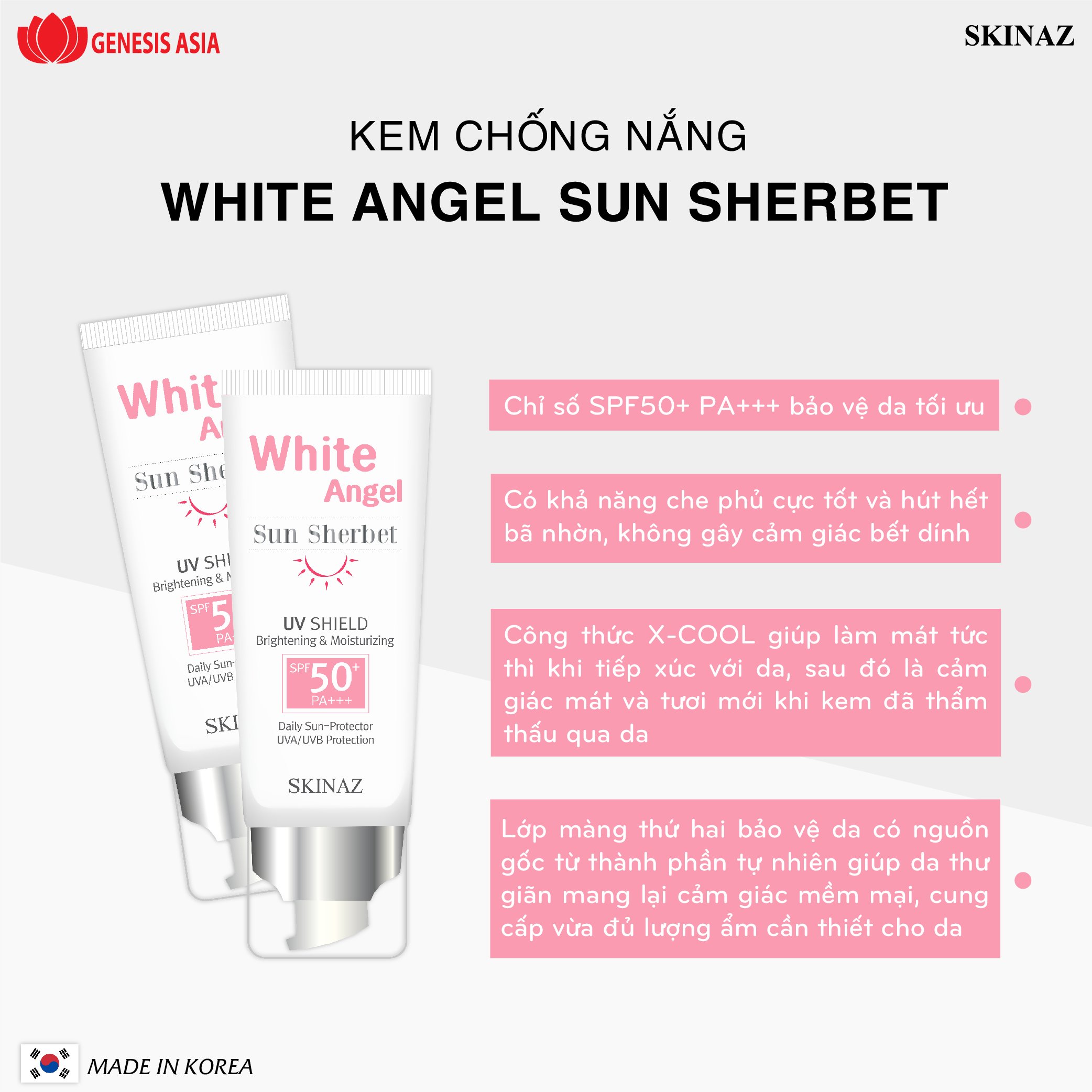 Kem Chống Nắng White Angel Sun Sherbet Skinaz - SPF 50 +, PA +++ Không gây bít tắc lỗ chân lông, tạo cảm giác thoải mái