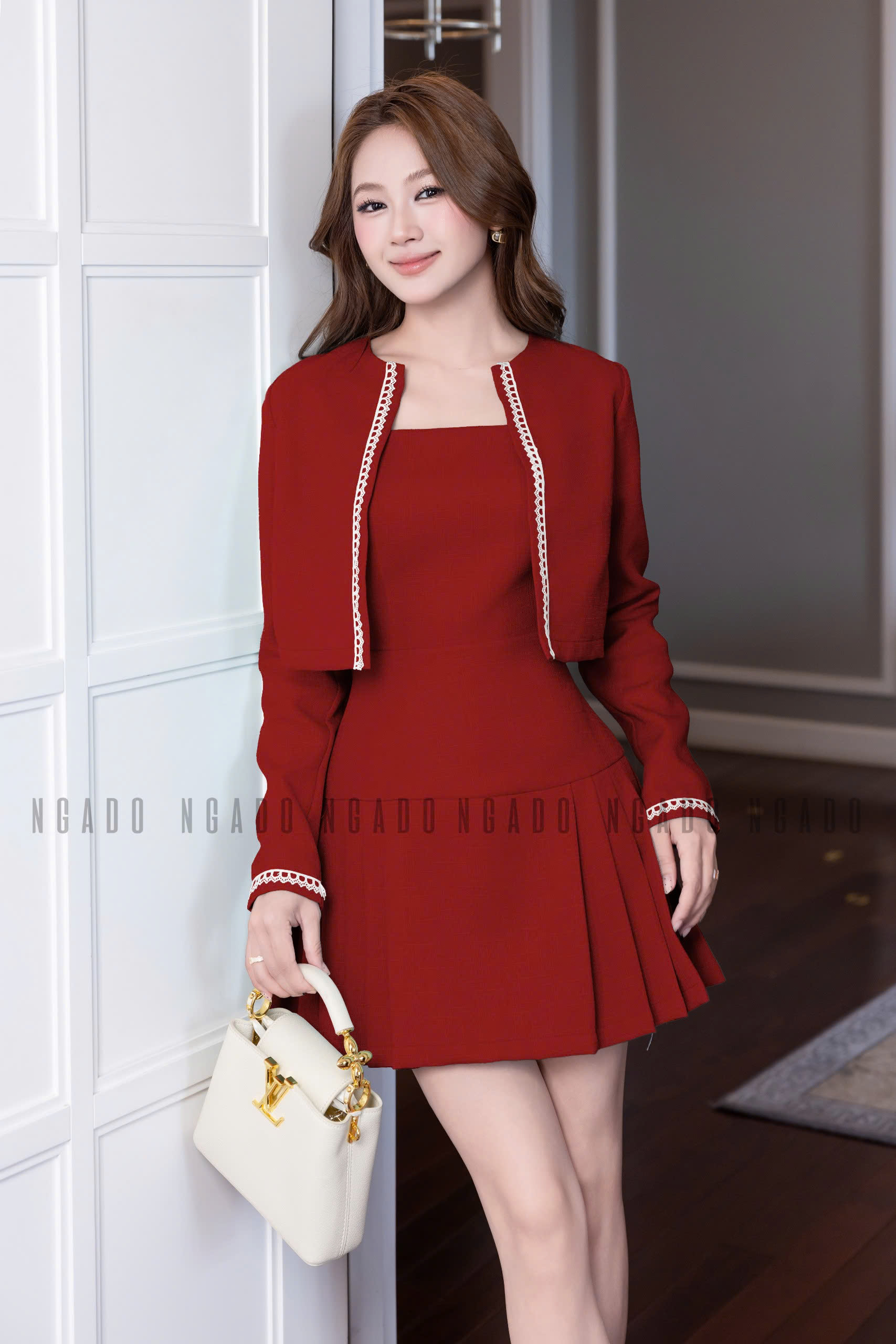 Set áo váy đỏ tay dài NGADO, set áo váy Nữ , set dự tiệc , công sở