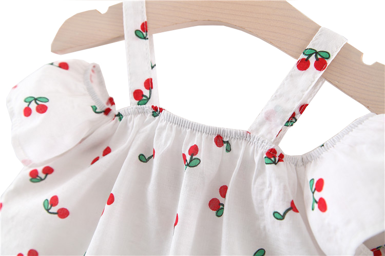 Bộ Áo 2 Dây Trễ Vai Phối Quần Short Xếp Tầng Xuất Hàn, Họa Tiết Quả Chery Ngọt Ngào Cho Bé Gái