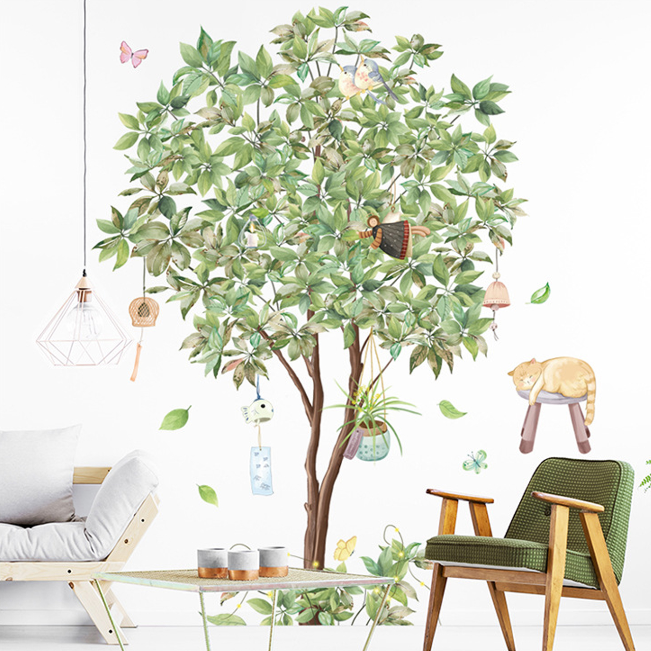 Decal dán tường trang trí phòng khách, quán cafe- Mèo vàng bên cây xanh-