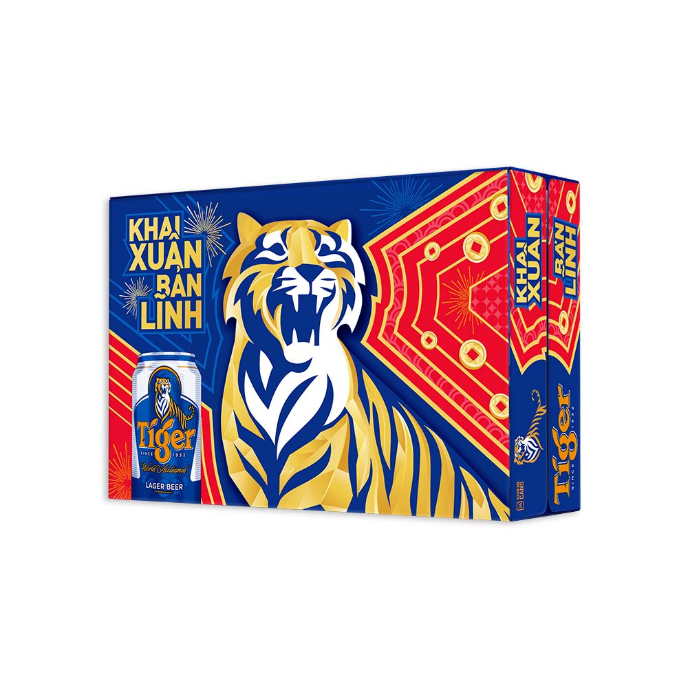 Thùng 24 lon bia Tiger 330ml - Bao bì Xuân