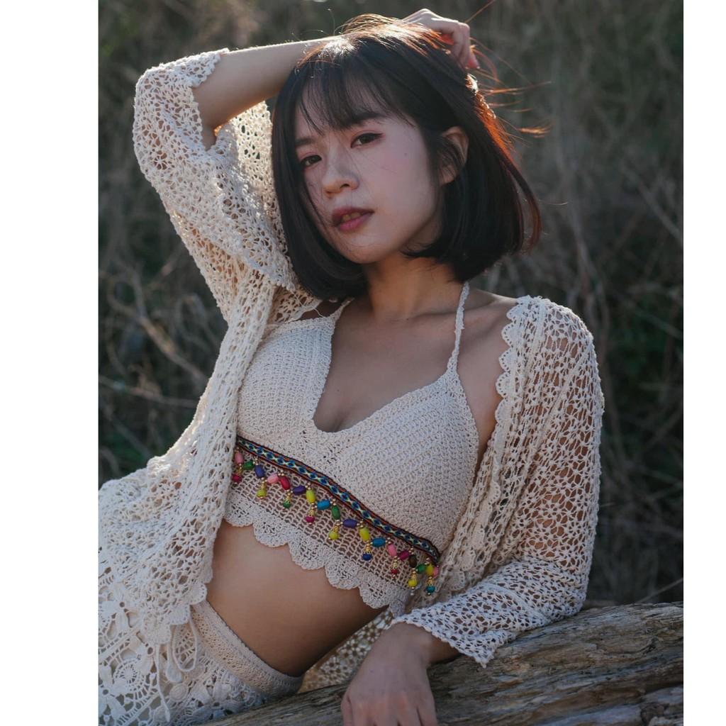 Bộ bơi nữ 3 mảnh bikini len móc cao cấp có kèm áo choàng