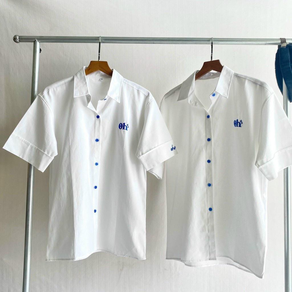 Áo sơ mi trắng nữ THÊU LOGO OH XANH phối nút xanh Chất kate lụa mịn rộng đẹp