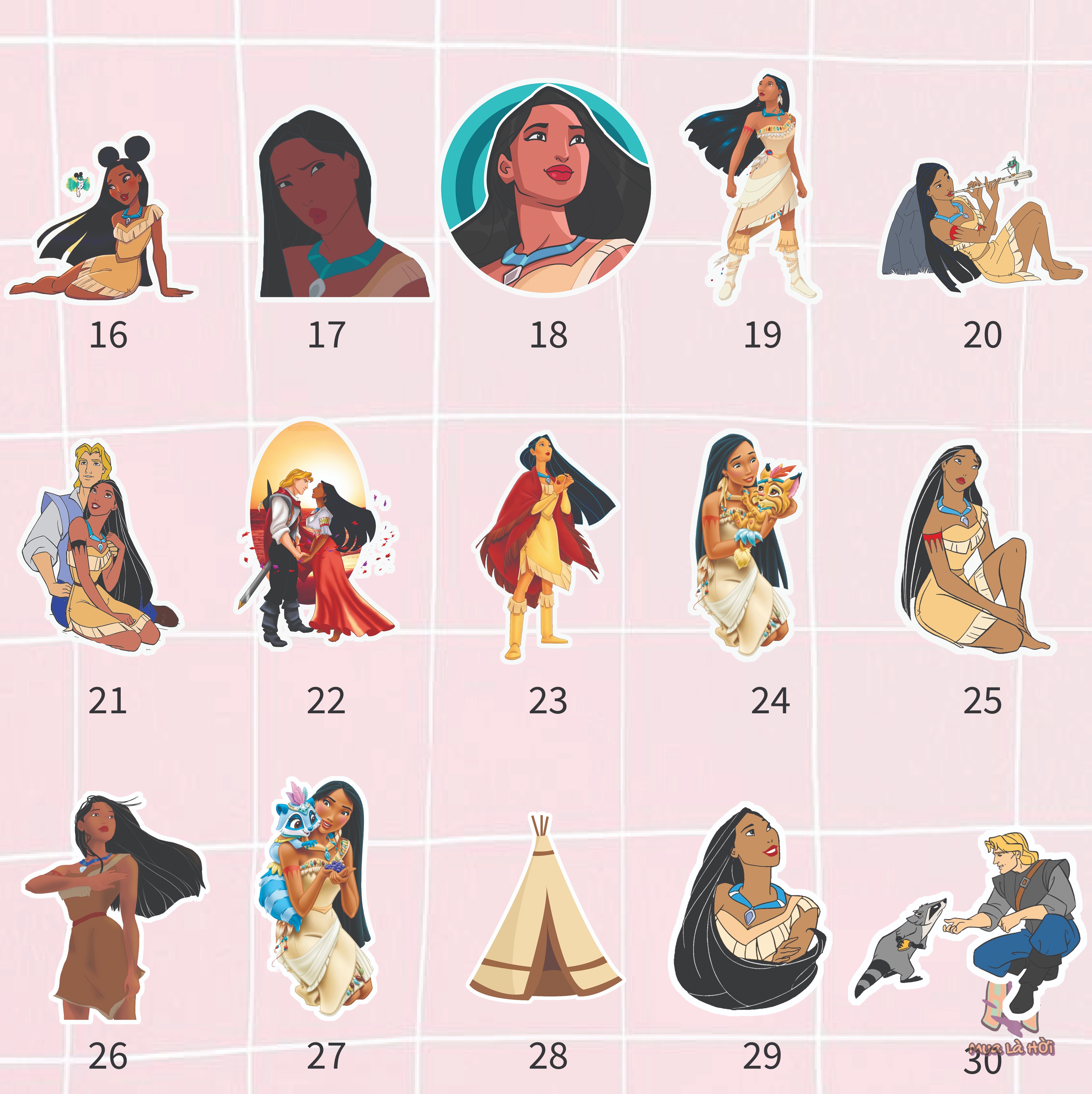 Miếng dán Stickers chủ đề Công chúa da đỏ Pocahontas