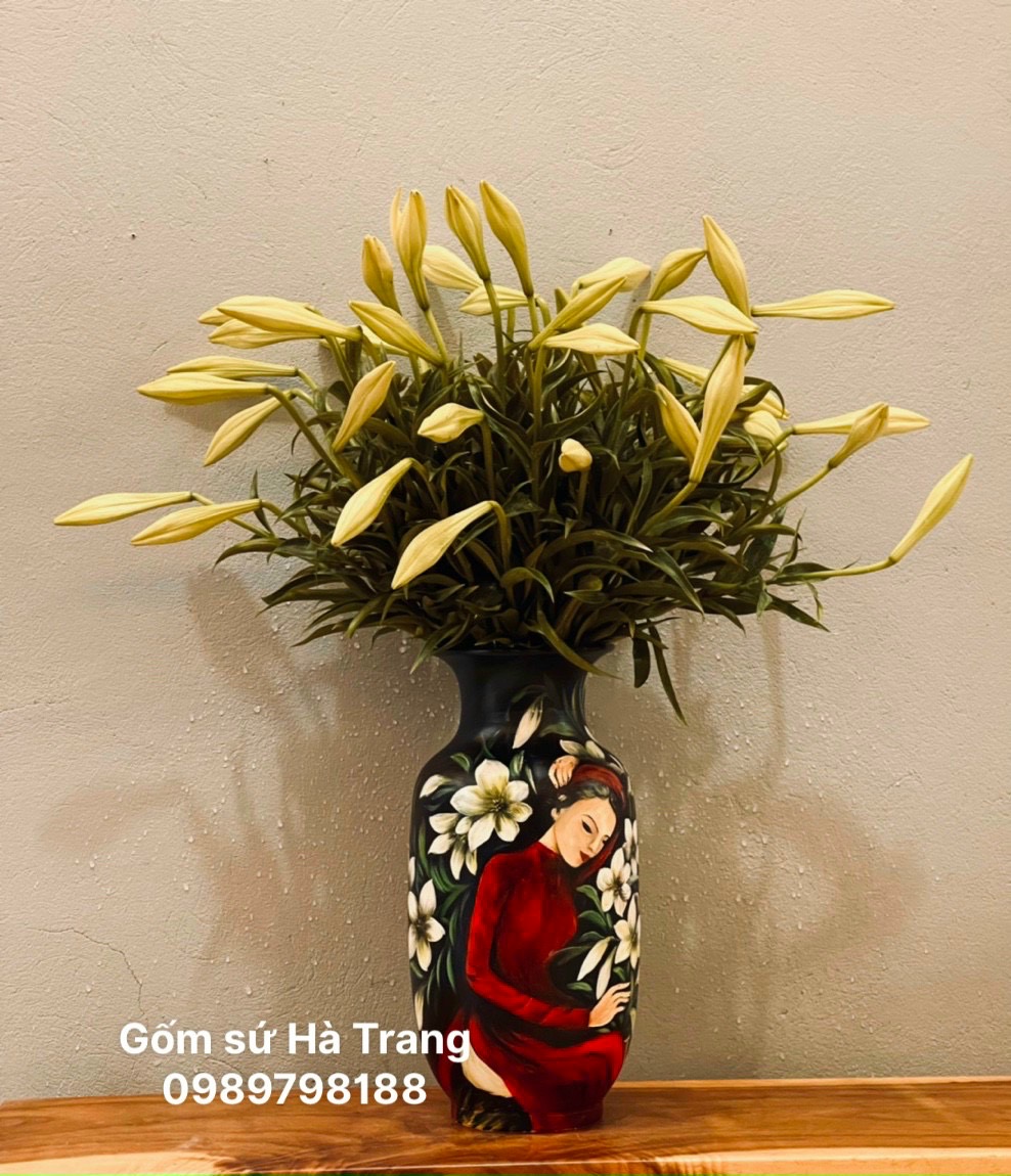 Lọ hoa gốm sứ Bát Tràng cao cấp vẽ 3D cao 40cm