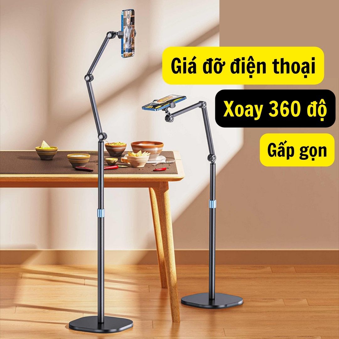 Giá Đỡ Điện Thoại, Máy Tính Bảng Gấp Gọn Xoay 360 Độ bằng kim loại - Kệ điện thoại màu đen, chắc chắn