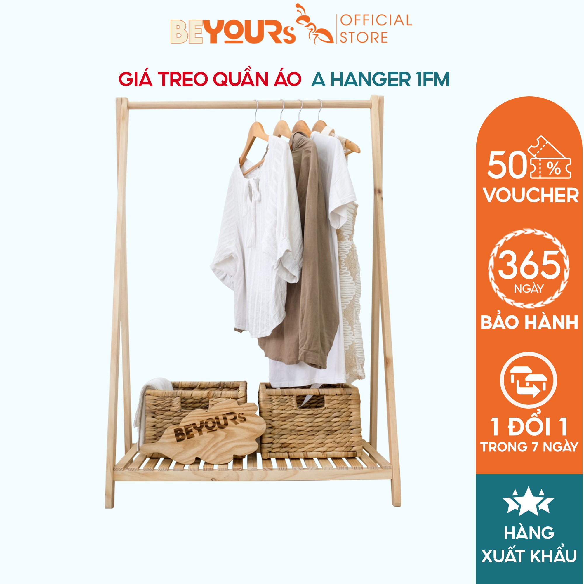 Giá Treo Quần Áo Gỗ BEYOURs - Kệ Gỗ Cây Sào Treo Quần Áo A-Hanger 1FM Lắp Ráp Dễ Dàng - Nội Thất Phòng Ngủ - Gỗ Tự Nhiên